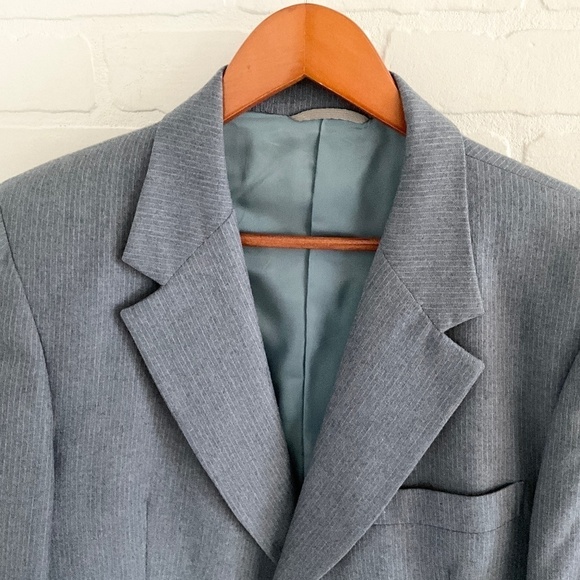 Vintage Men/Unisex Blazer Blue/Gray/Teal Pinstripe 100% Wool Sz 42L Oversized - Picture 2 of 12